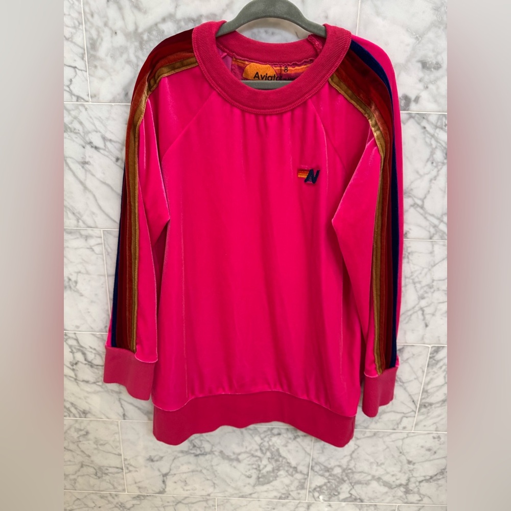 Aviator Nation kids Velour top. Size 8. Hot pink with stripes.